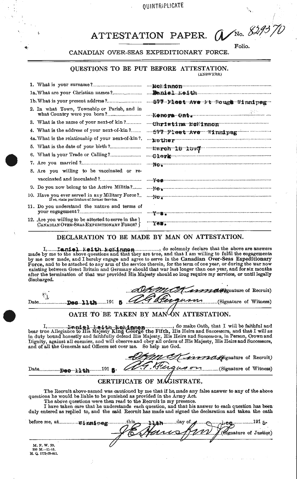 Dossiers du Personnel de la Première Guerre mondiale - CEC 531336a