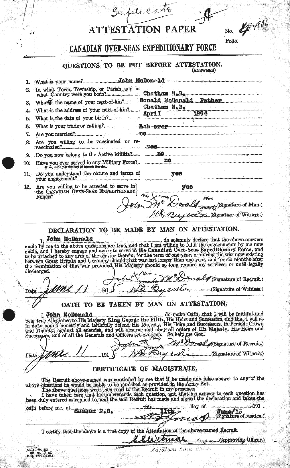 Dossiers du Personnel de la Première Guerre mondiale - CEC 532223a
