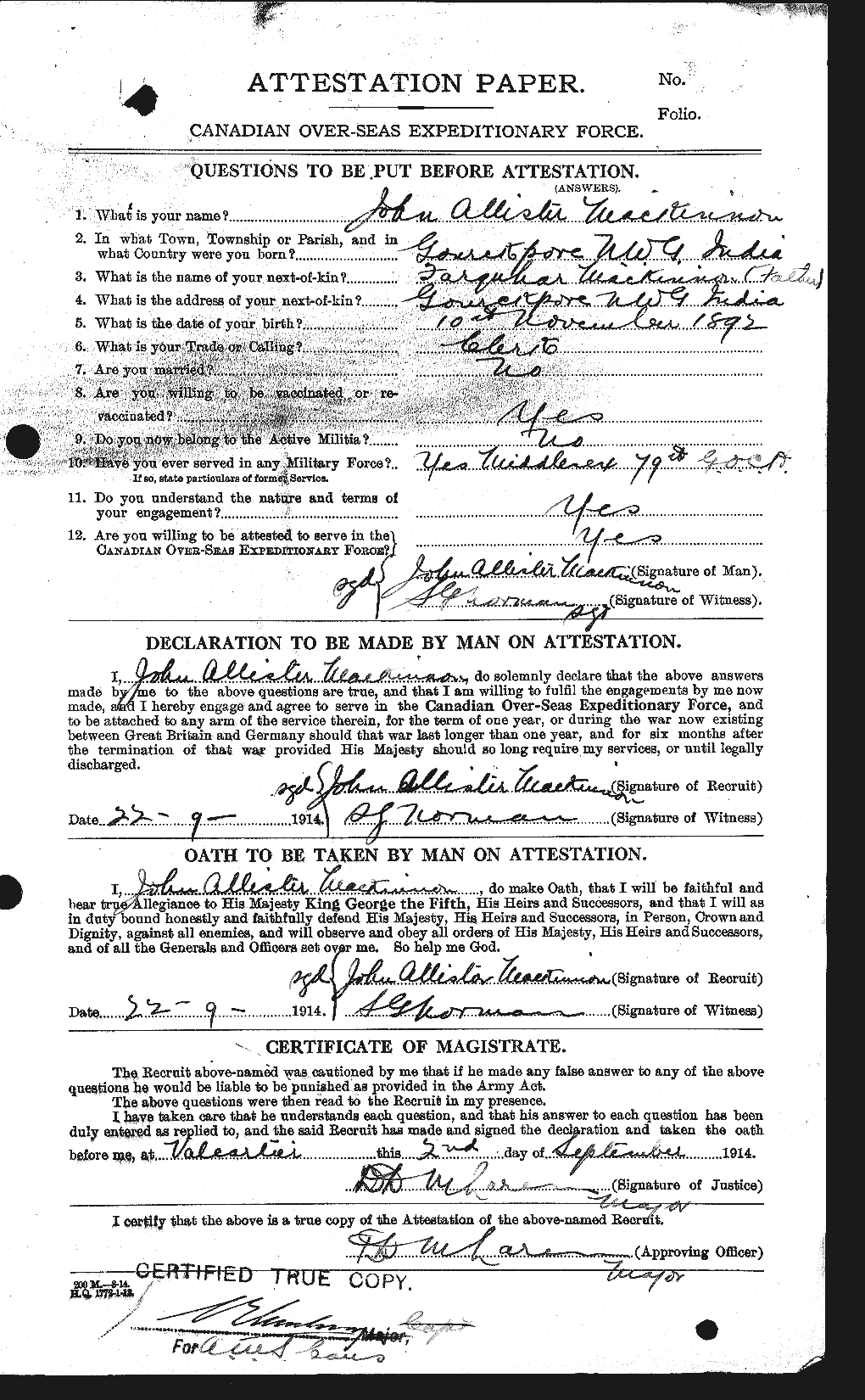 Dossiers du Personnel de la Première Guerre mondiale - CEC 533024a