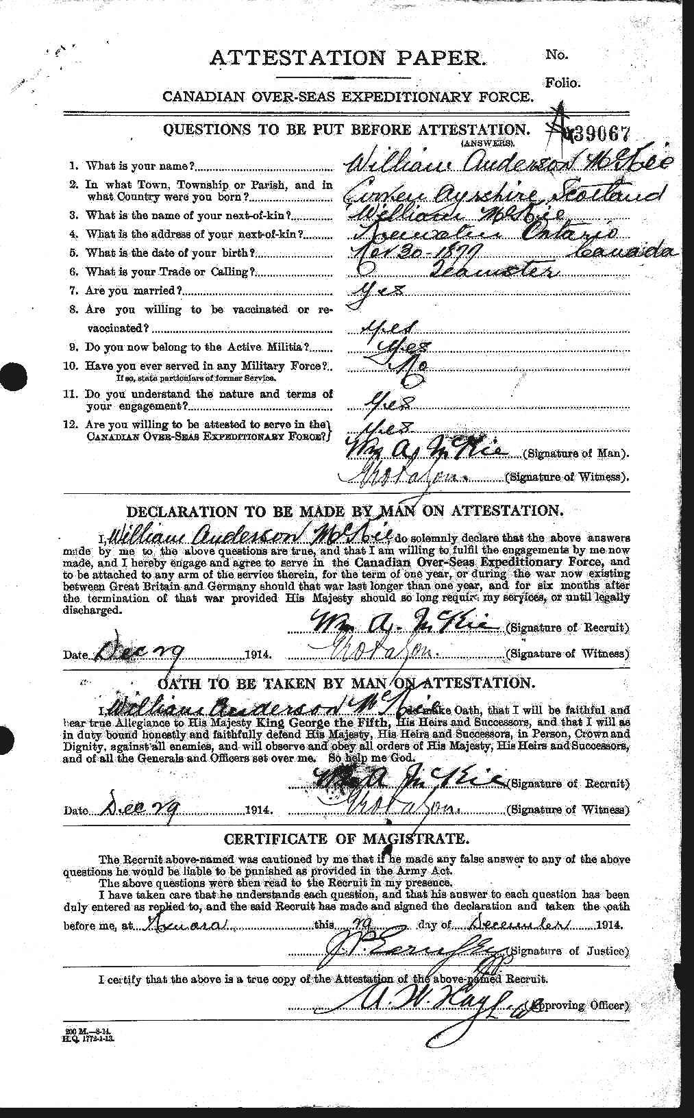 Dossiers du Personnel de la Première Guerre mondiale - CEC 533766a