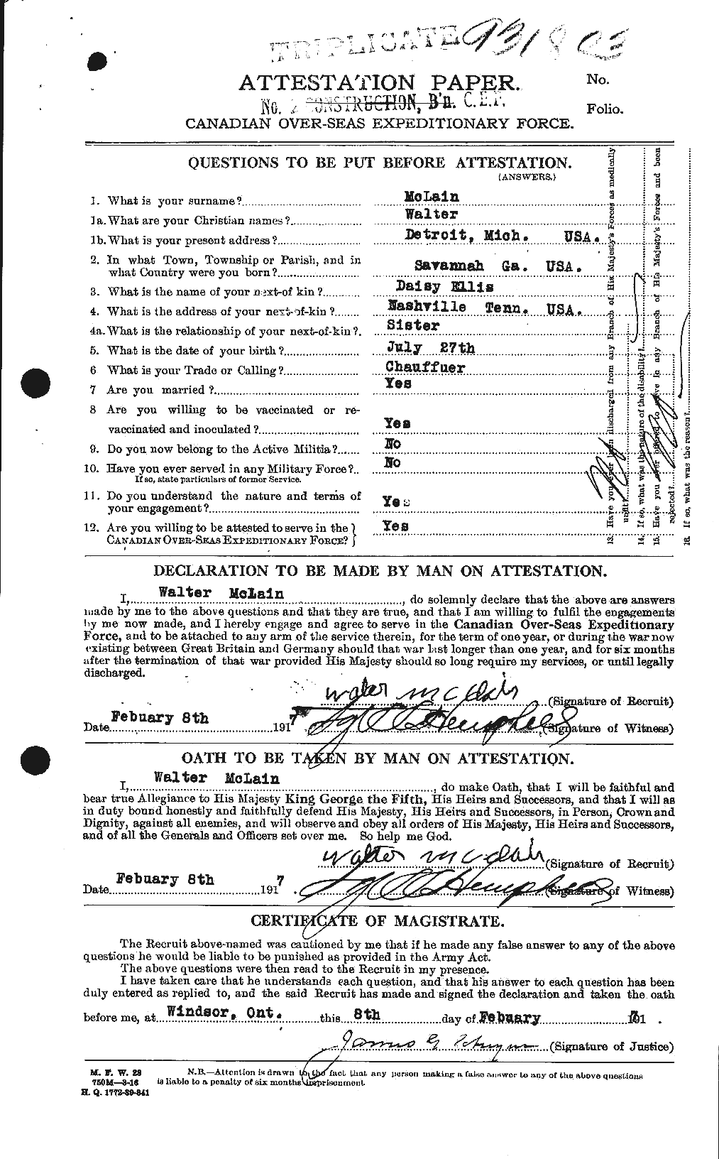 Dossiers du Personnel de la Première Guerre mondiale - CEC 533994a