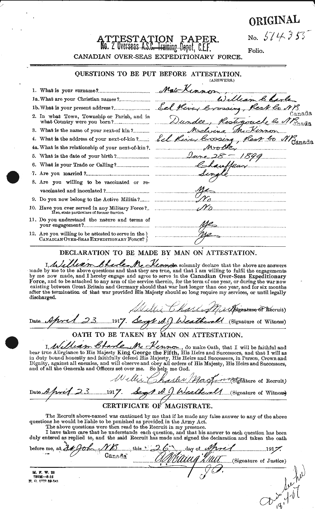 Dossiers du Personnel de la Première Guerre mondiale - CEC 534318a