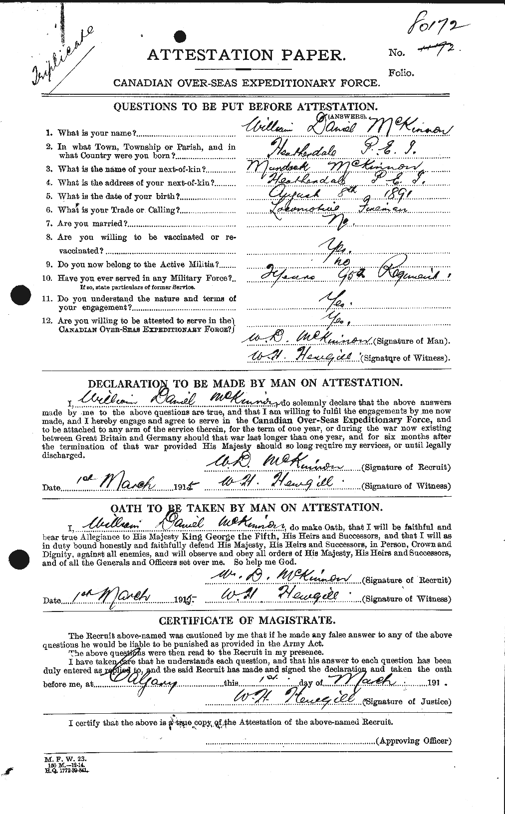 Dossiers du Personnel de la Première Guerre mondiale - CEC 534319a