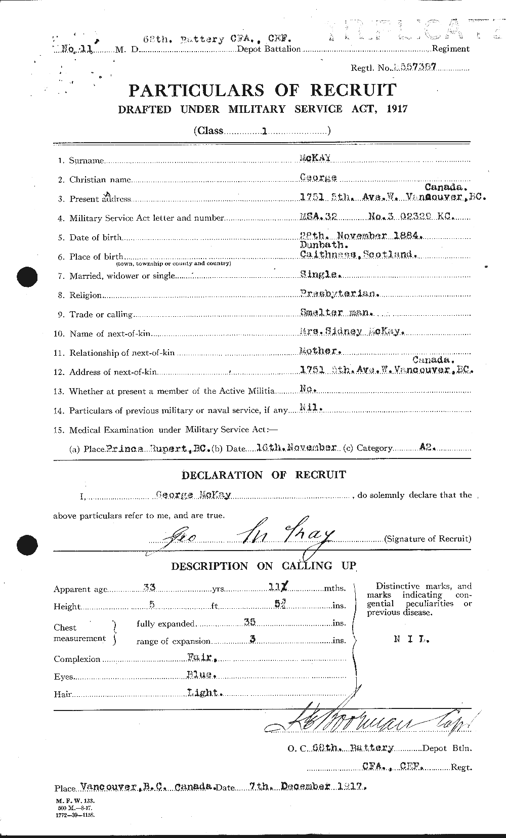 Dossiers du Personnel de la Première Guerre mondiale - CEC 534640a