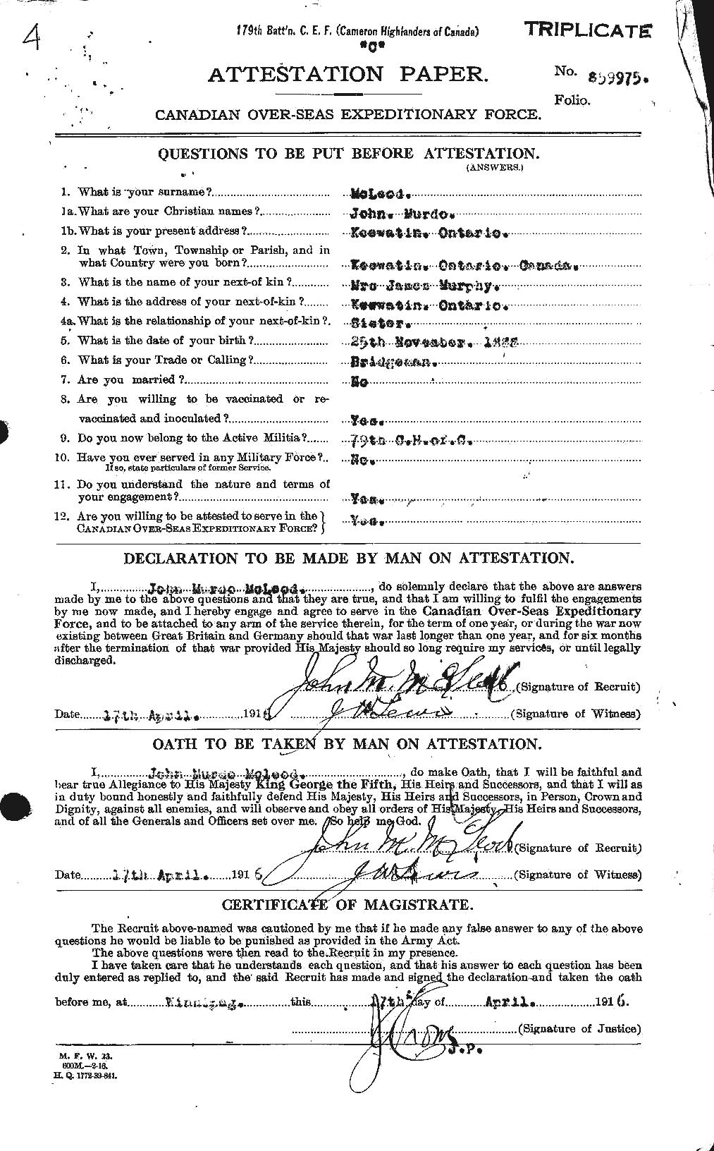 Dossiers du Personnel de la Première Guerre mondiale - CEC 535034a