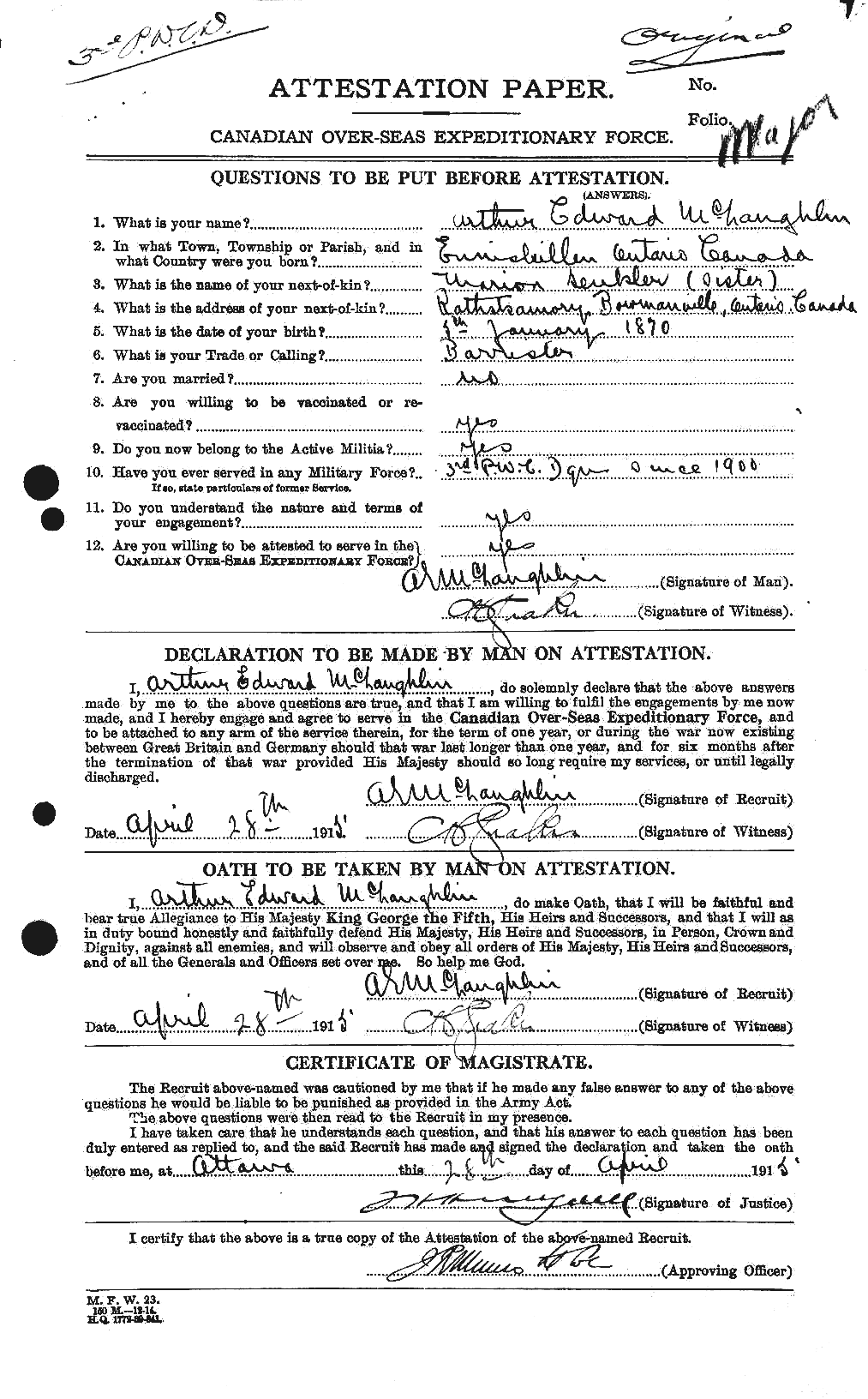 Dossiers du Personnel de la Première Guerre mondiale - CEC 536166a