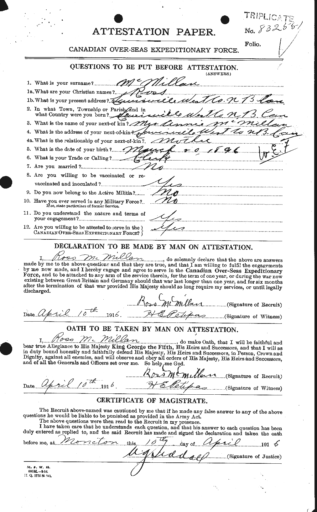 Dossiers du Personnel de la Première Guerre mondiale - CEC 536941a