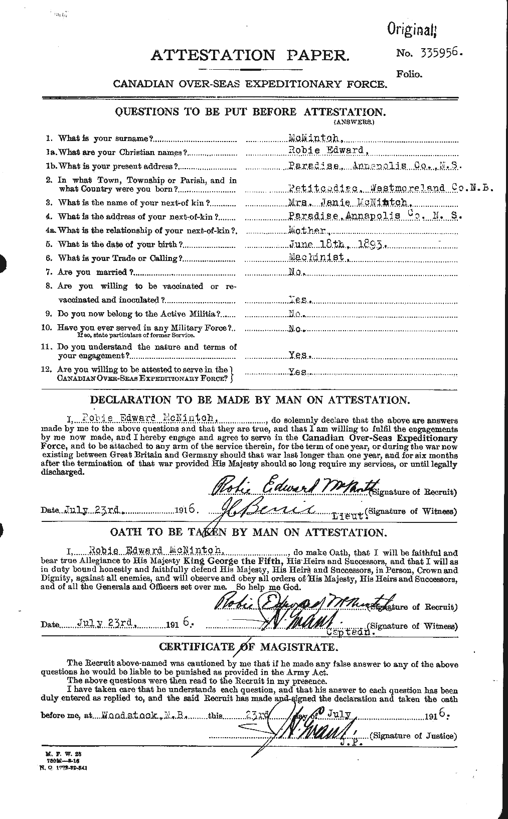 Dossiers du Personnel de la Première Guerre mondiale - CEC 539269a