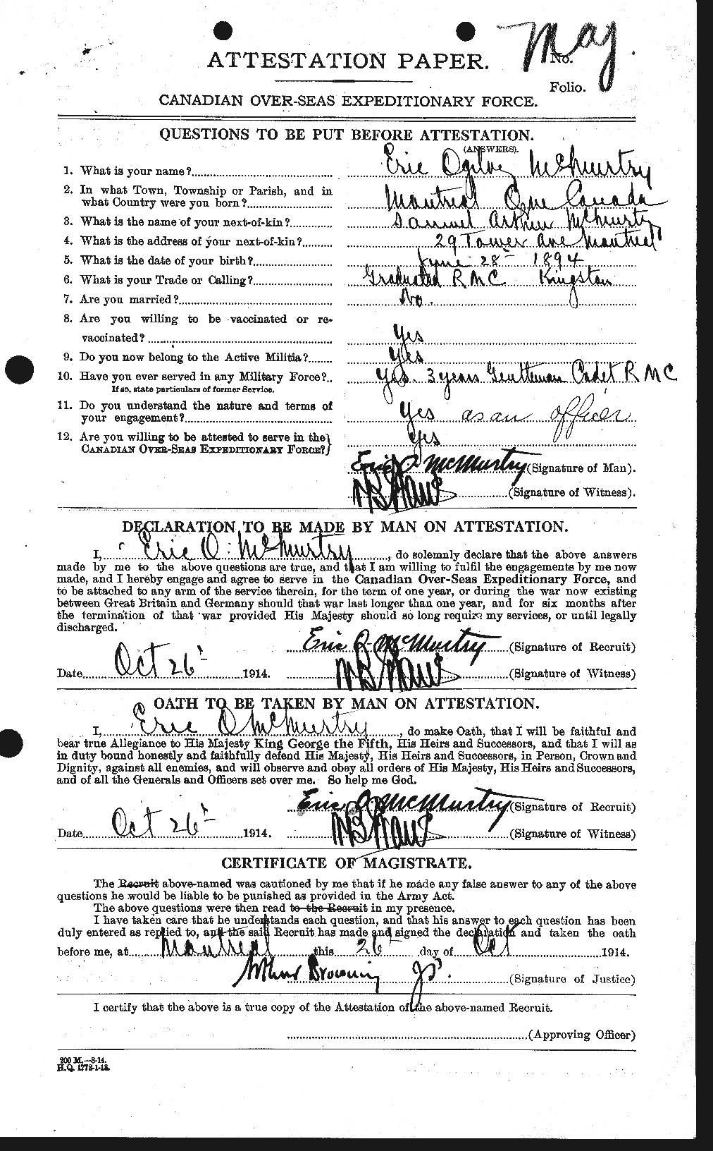 Dossiers du Personnel de la Première Guerre mondiale - CEC 539492a