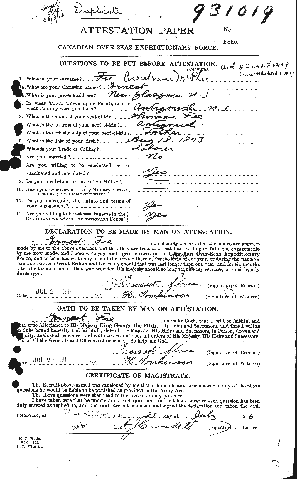 Dossiers du Personnel de la Première Guerre mondiale - CEC 541044a