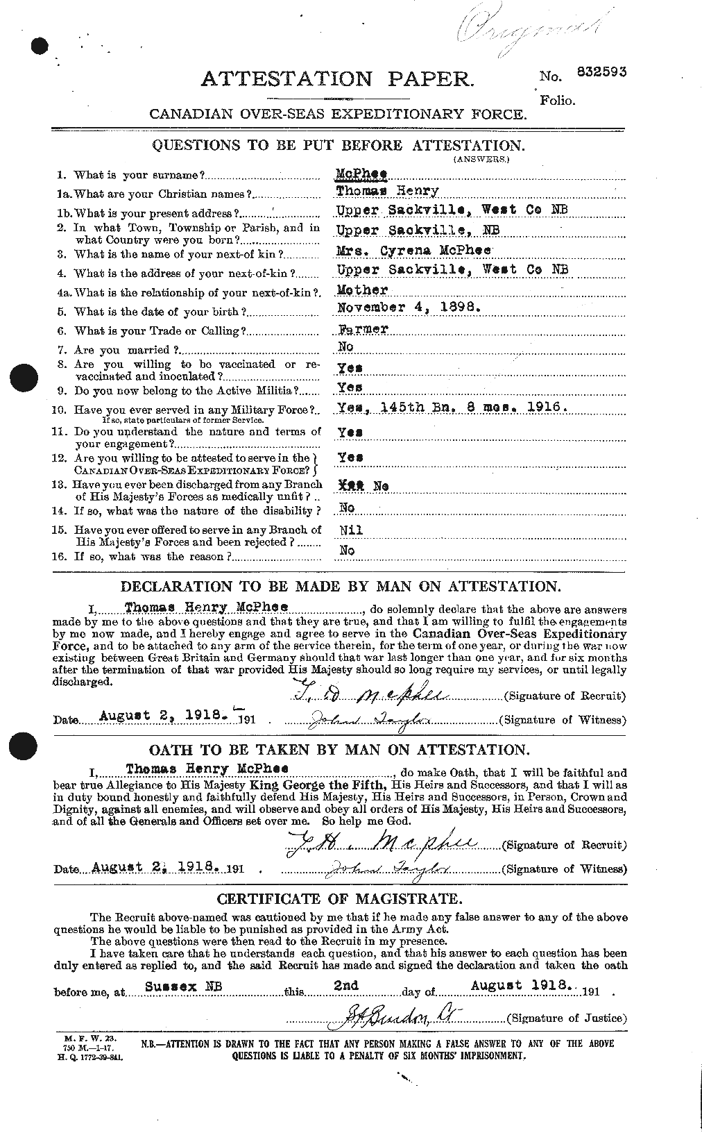 Dossiers du Personnel de la Première Guerre mondiale - CEC 541197a