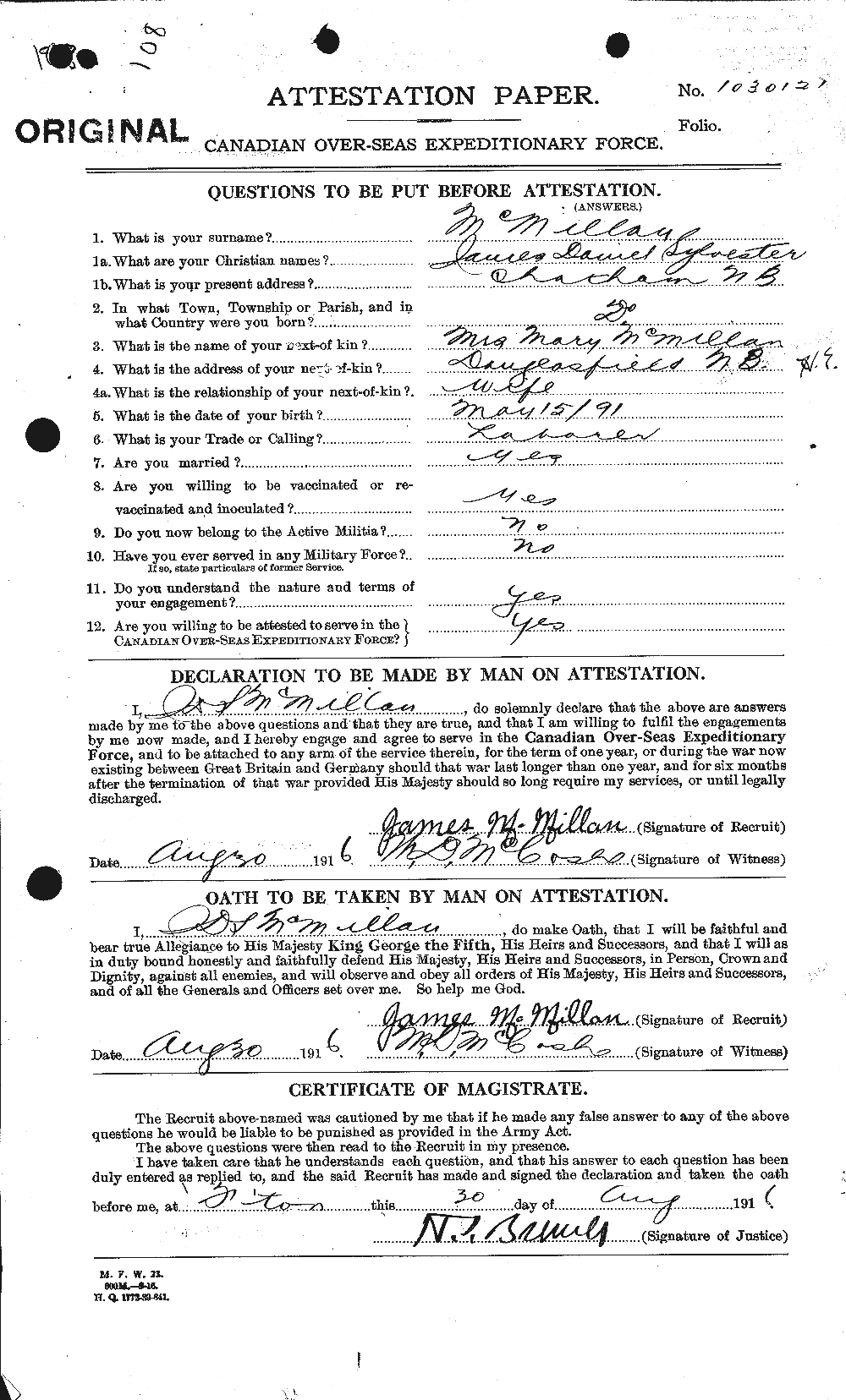 Dossiers du Personnel de la Première Guerre mondiale - CEC 543934a