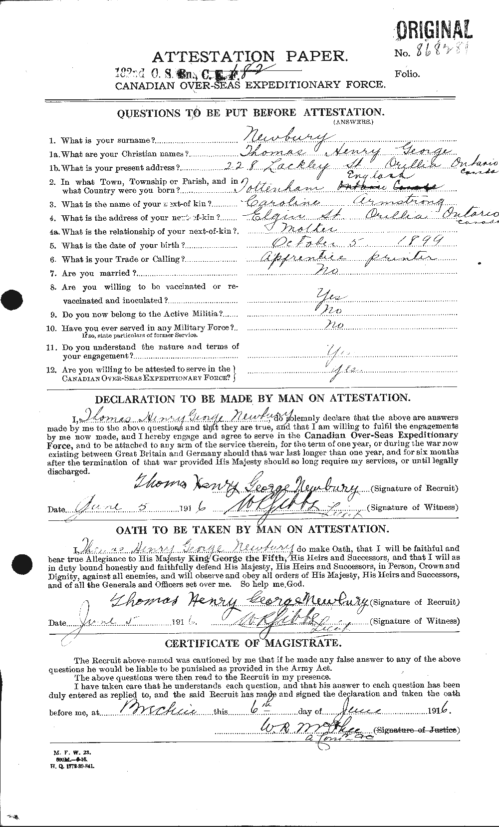 Dossiers du Personnel de la Première Guerre mondiale - CEC 544117a