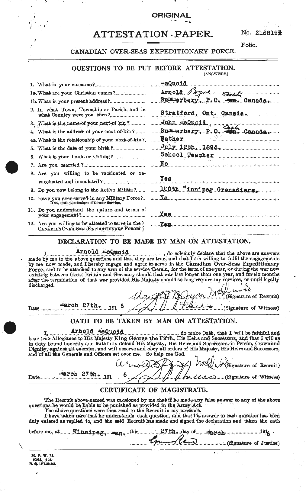 Dossiers du Personnel de la Première Guerre mondiale - CEC 546070a