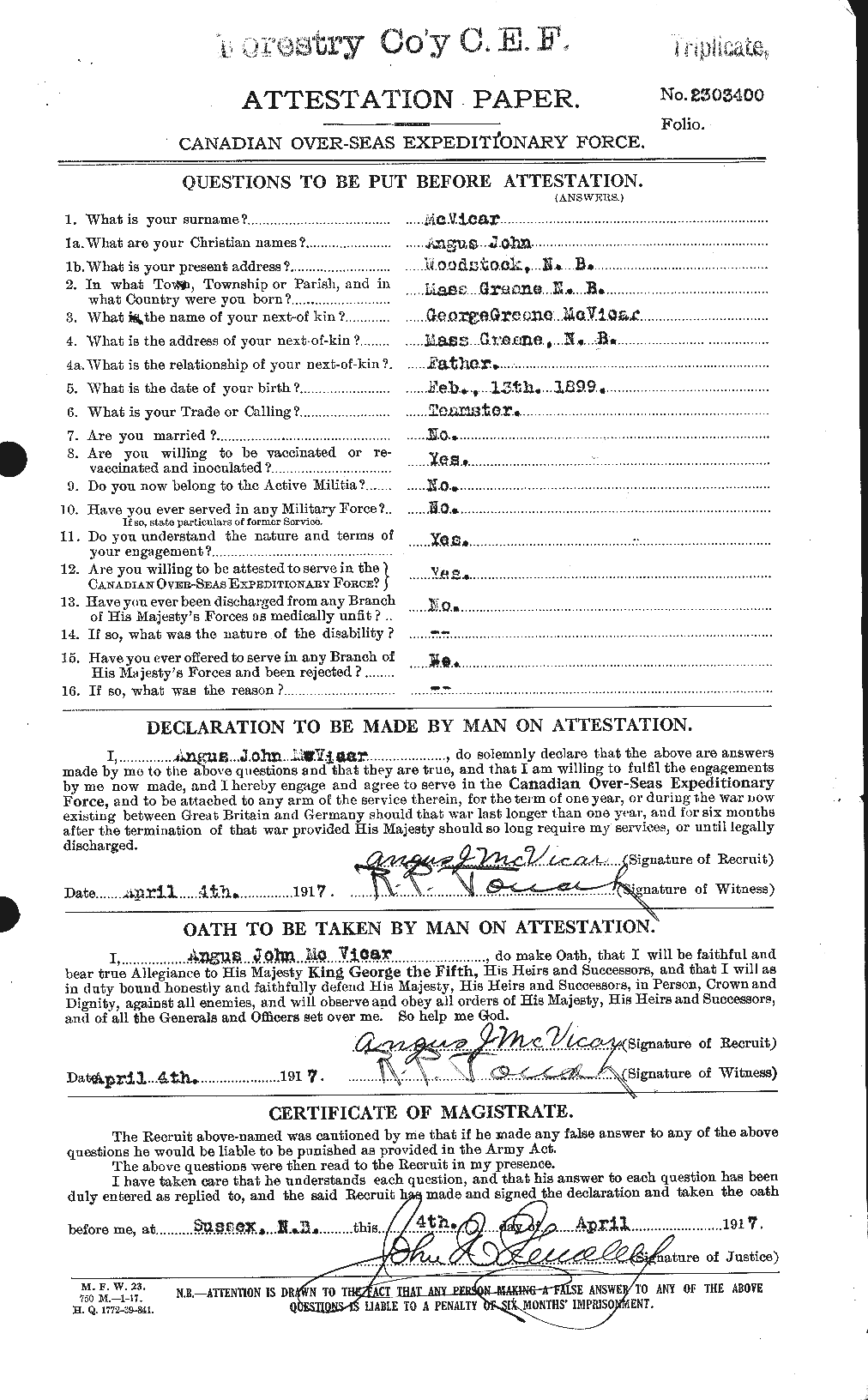 Dossiers du Personnel de la Première Guerre mondiale - CEC 547299a