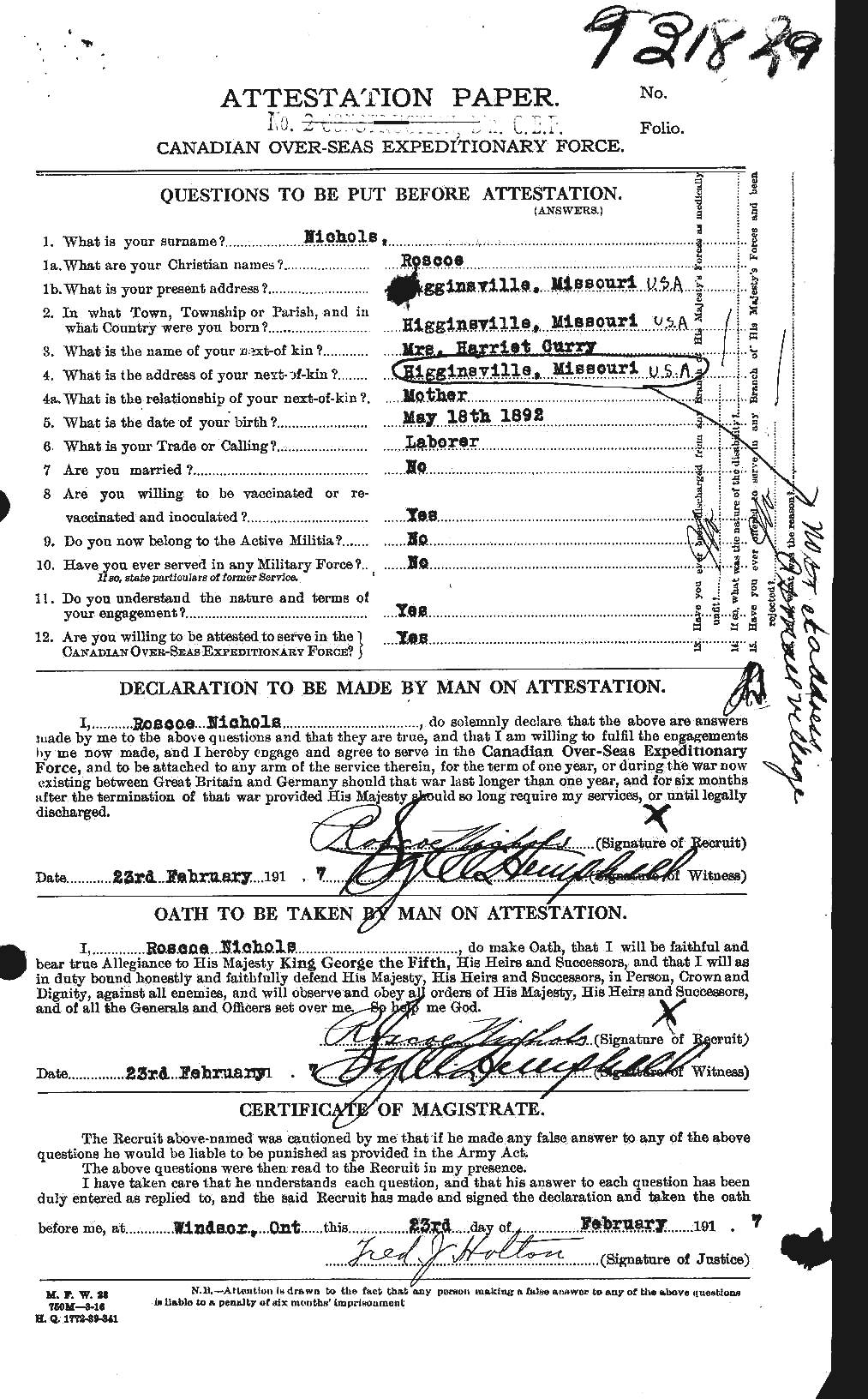 Dossiers du Personnel de la Première Guerre mondiale - CEC 551037a