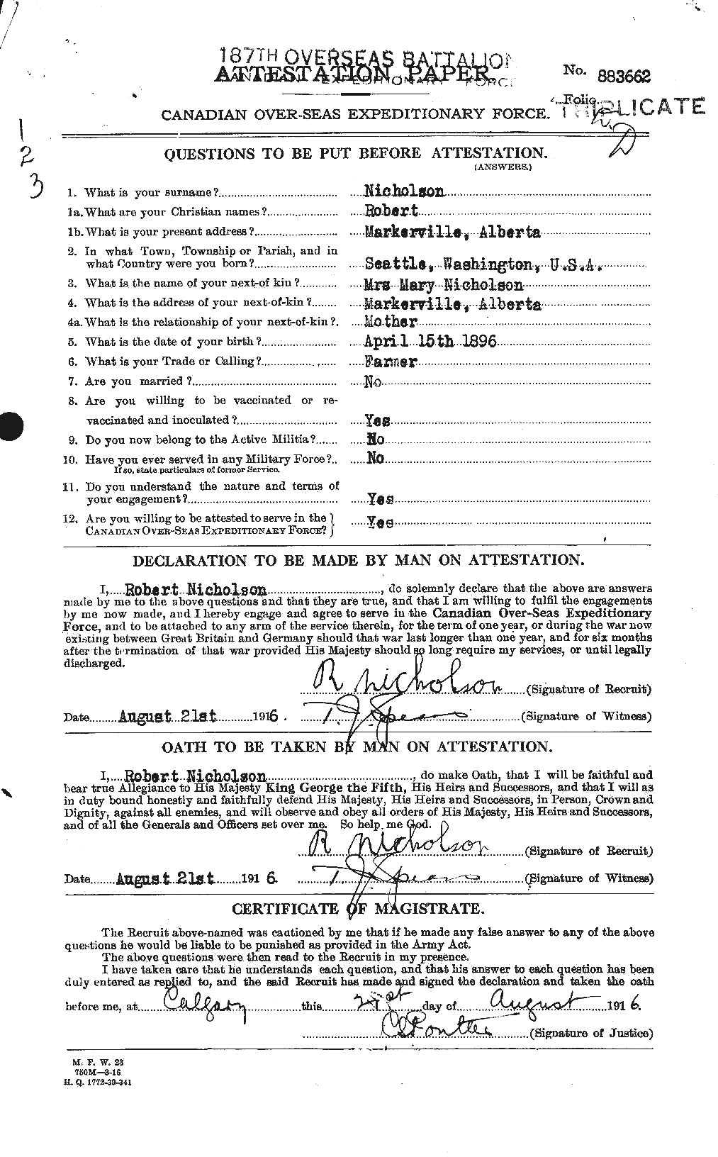 Dossiers du Personnel de la Première Guerre mondiale - CEC 554342a