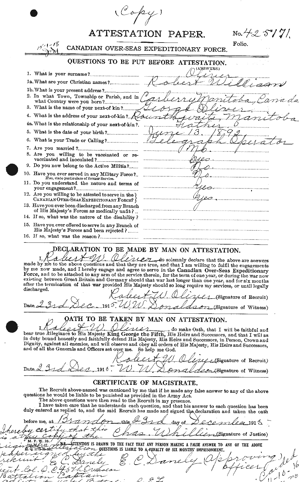 Dossiers du Personnel de la Première Guerre mondiale - CEC 555492a