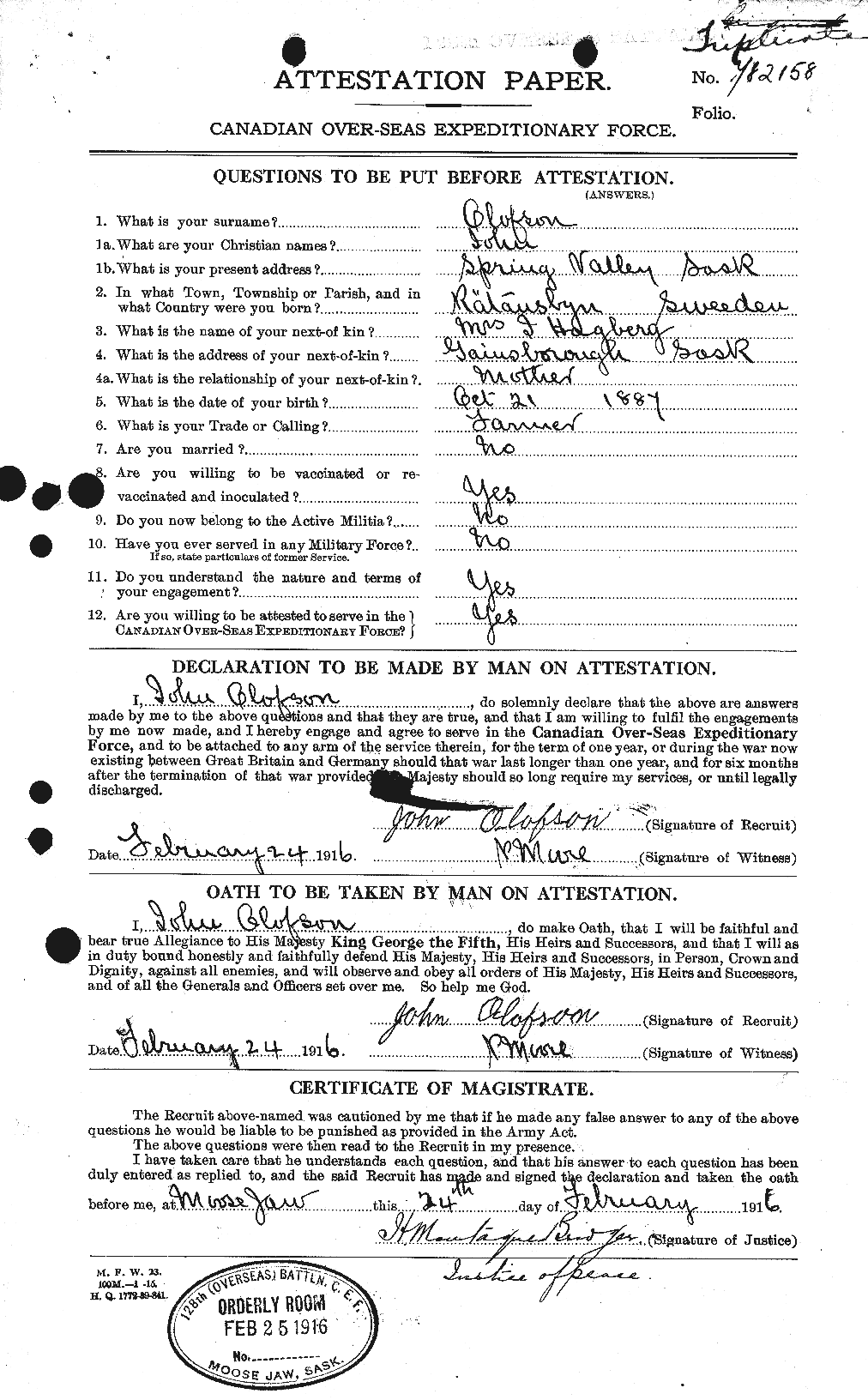 Dossiers du Personnel de la Première Guerre mondiale - CEC 555724a
