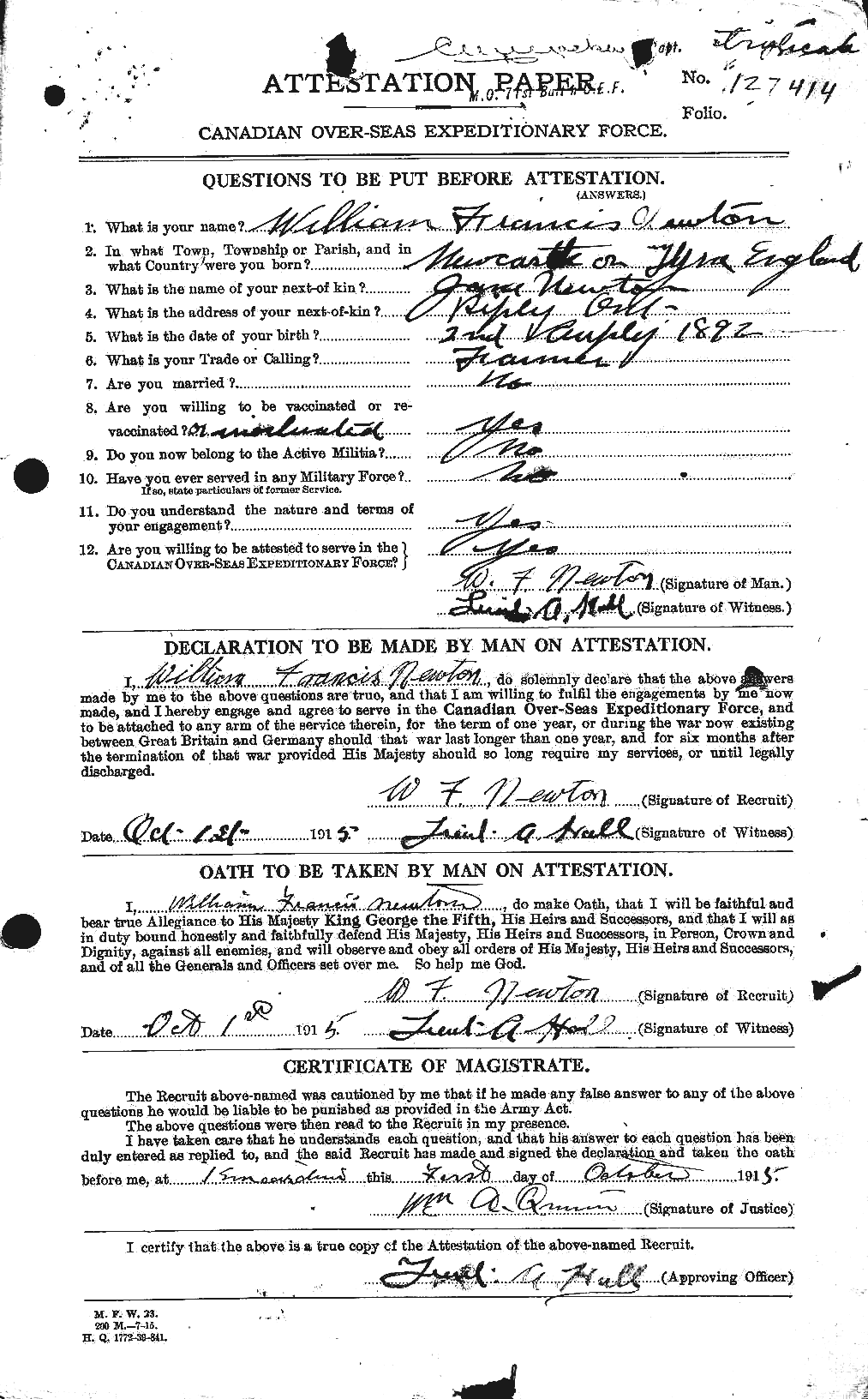 Dossiers du Personnel de la Première Guerre mondiale - CEC 556055a
