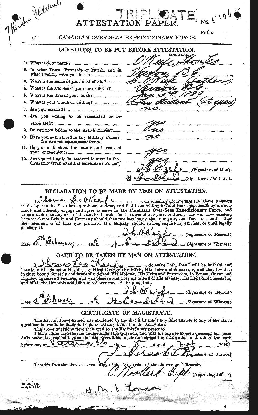 Dossiers du Personnel de la Première Guerre mondiale - CEC 556352a