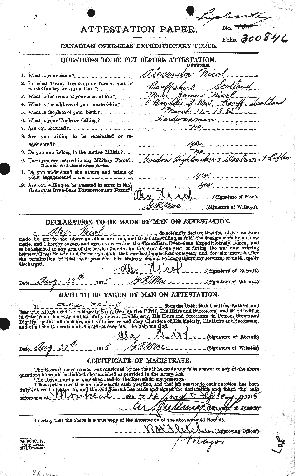 Dossiers du Personnel de la Première Guerre mondiale - CEC 556735a