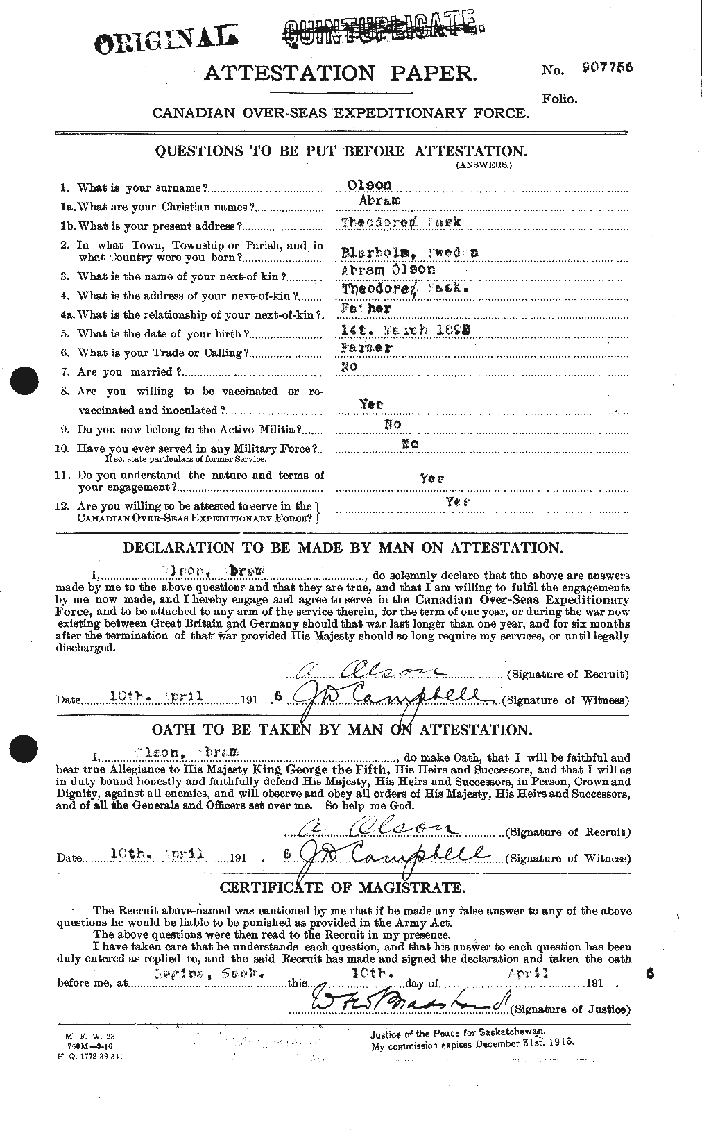 Dossiers du Personnel de la Première Guerre mondiale - CEC 557122a