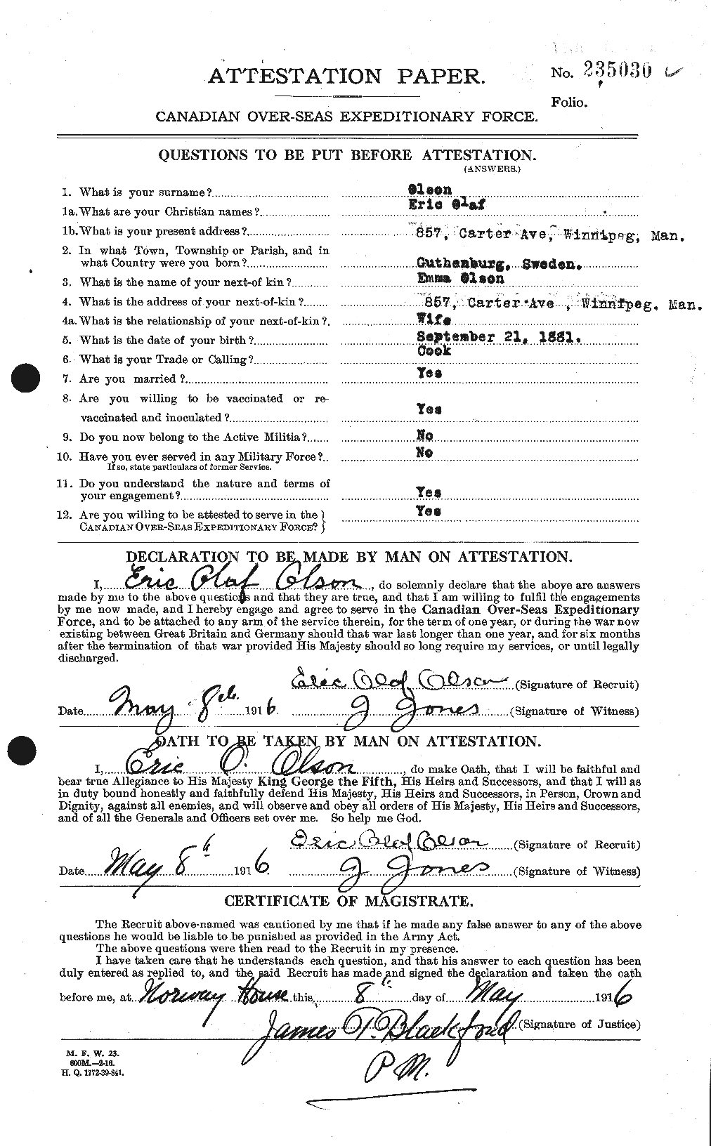 Dossiers du Personnel de la Première Guerre mondiale - CEC 557199a