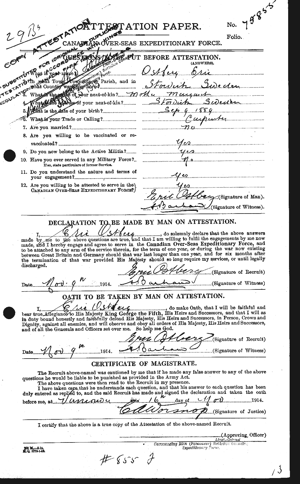 Dossiers du Personnel de la Première Guerre mondiale - CEC 560167a