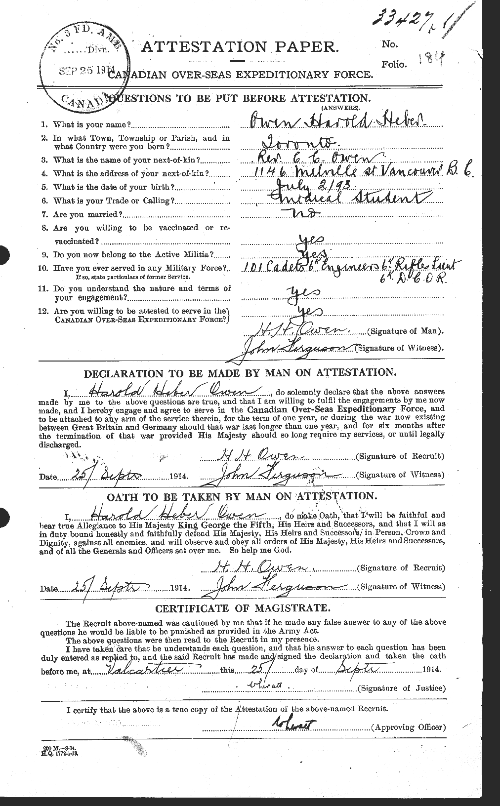 Dossiers du Personnel de la Première Guerre mondiale - CEC 561279a