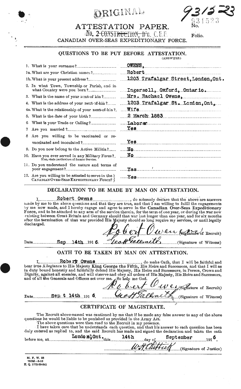 Dossiers du Personnel de la Première Guerre mondiale - CEC 561516a