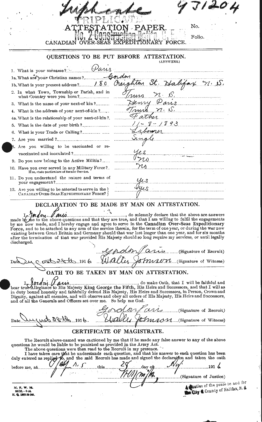 Dossiers du Personnel de la Première Guerre mondiale - CEC 564595a