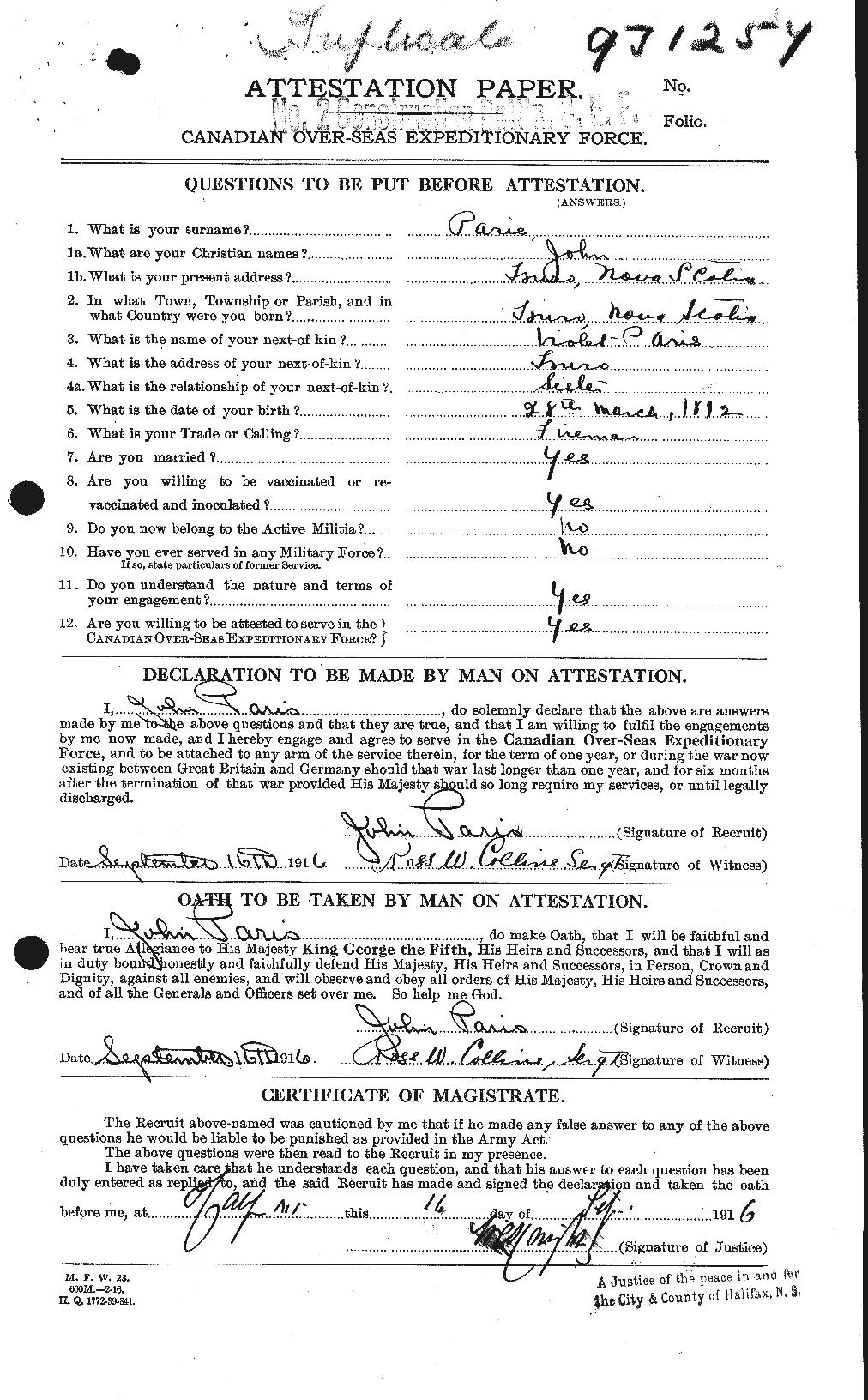 Dossiers du Personnel de la Première Guerre mondiale - CEC 564601a
