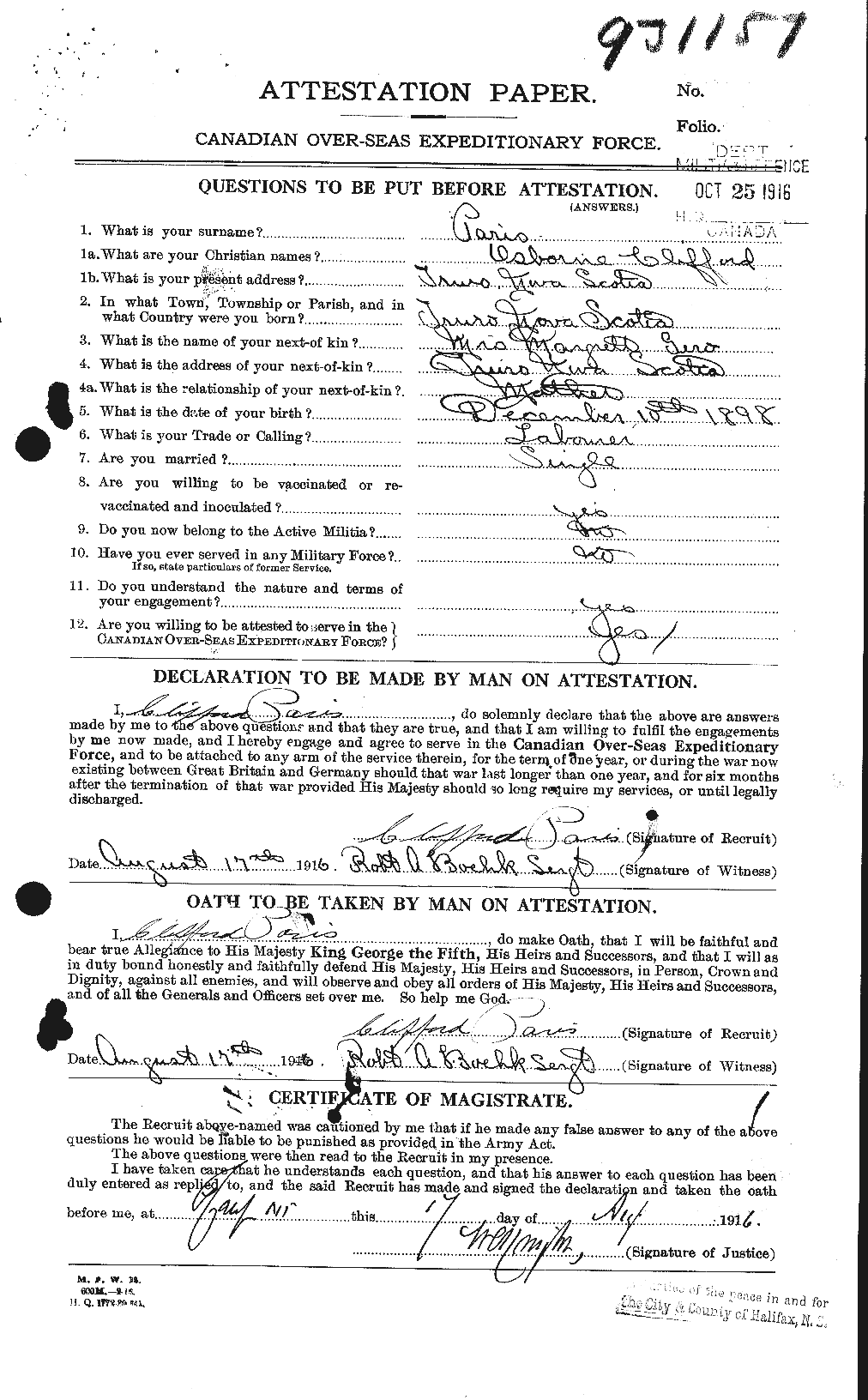 Dossiers du Personnel de la Première Guerre mondiale - CEC 564613a