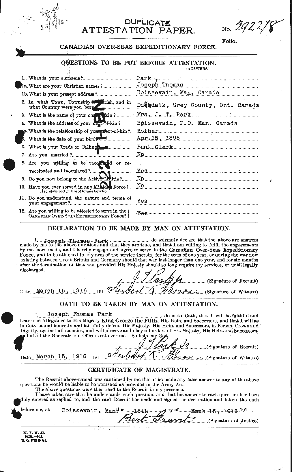 Dossiers du Personnel de la Première Guerre mondiale - CEC 564843a