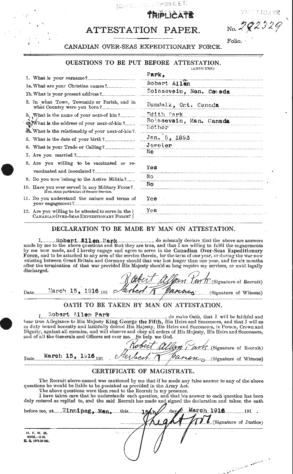 Dossiers du Personnel de la Première Guerre mondiale - CEC 564873a