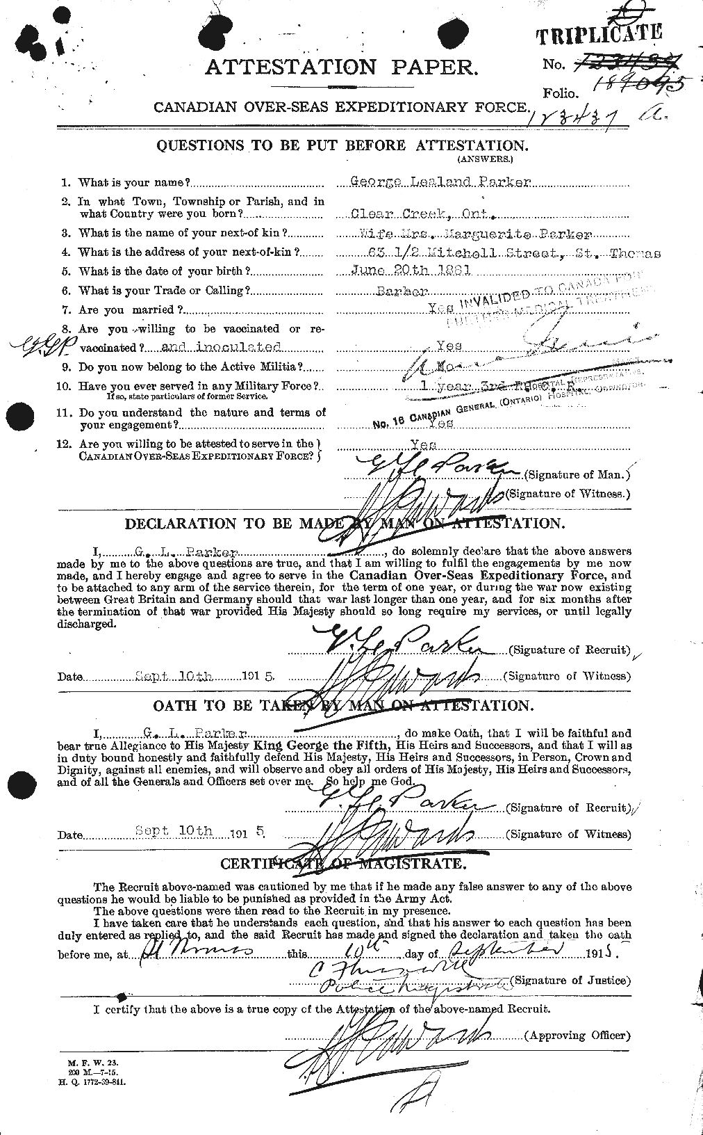 Dossiers du Personnel de la Première Guerre mondiale - CEC 565275a