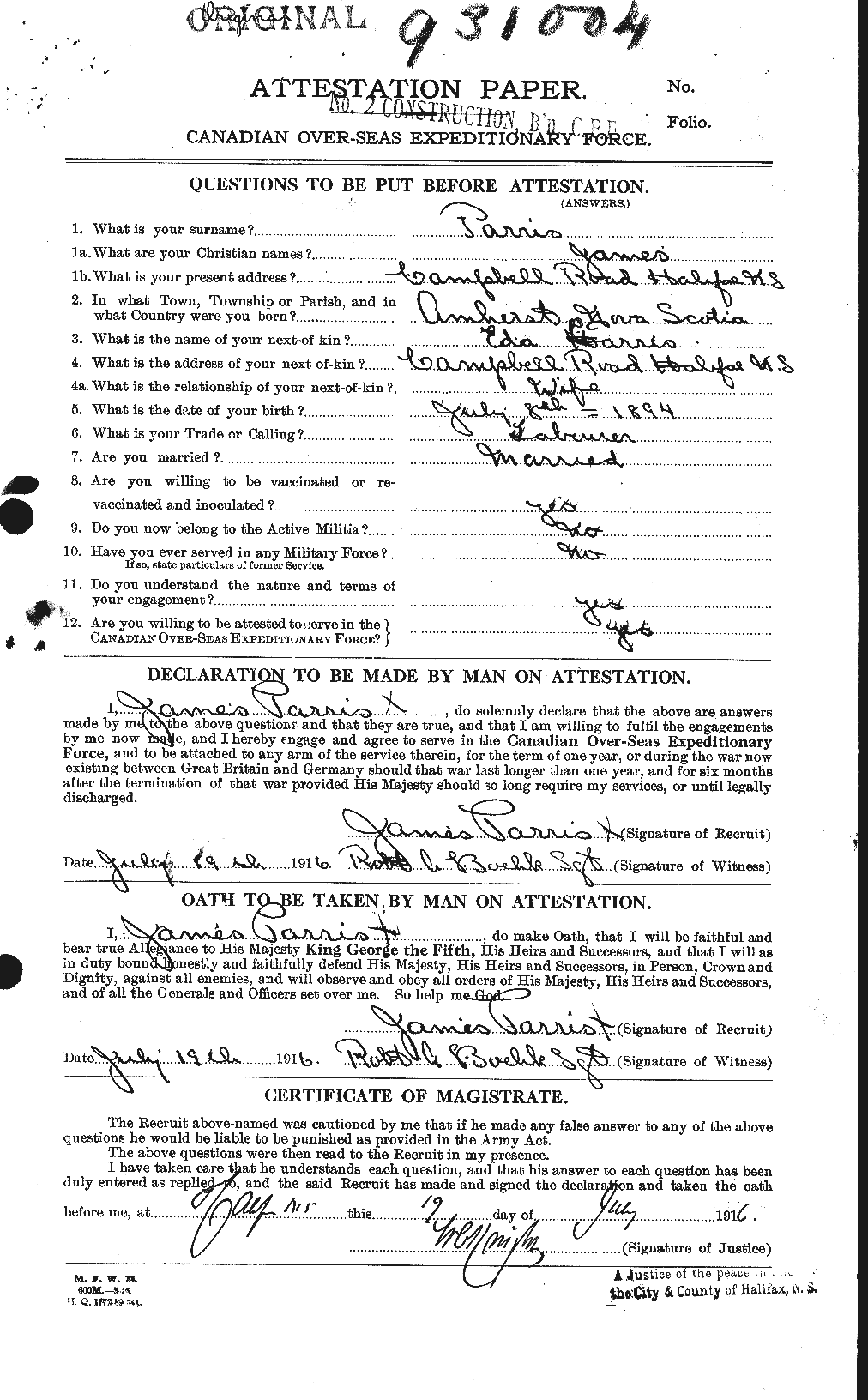 Dossiers du Personnel de la Première Guerre mondiale - CEC 566508a