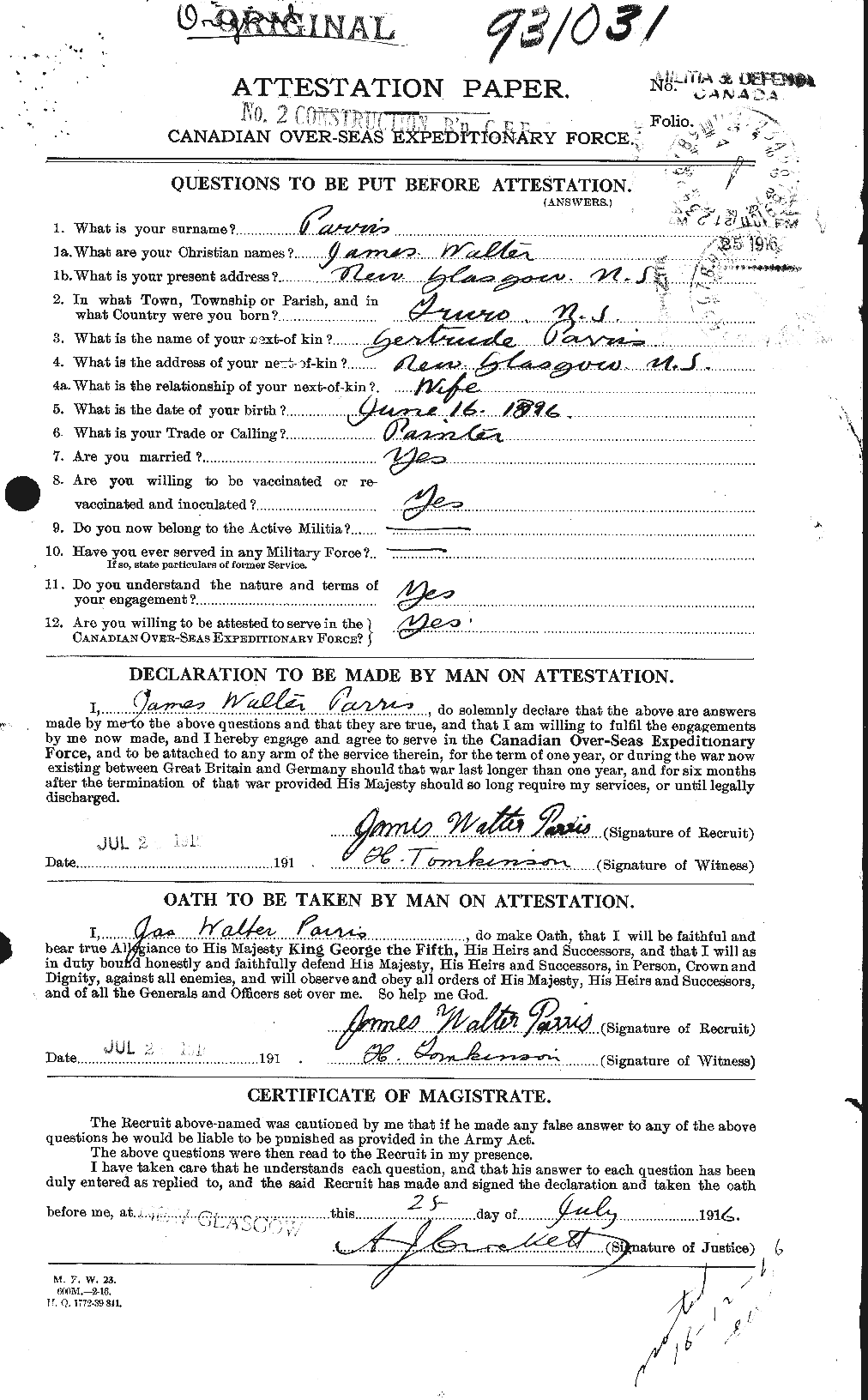 Dossiers du Personnel de la Première Guerre mondiale - CEC 566510a
