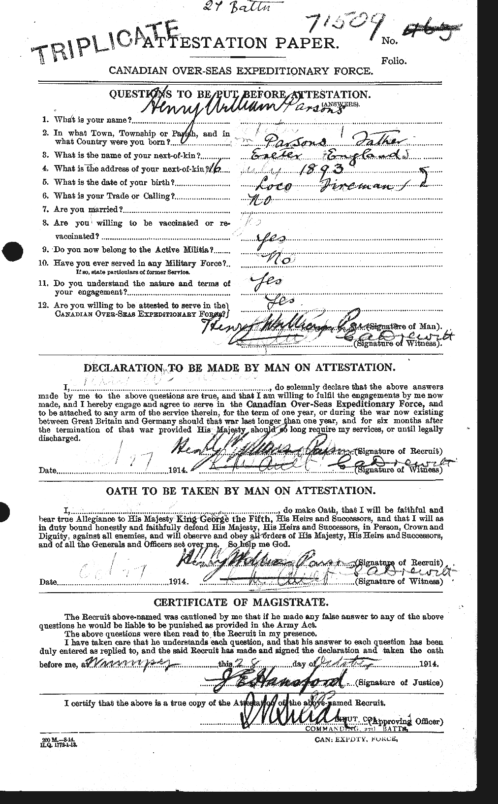 Dossiers du Personnel de la Première Guerre mondiale - CEC 566892a