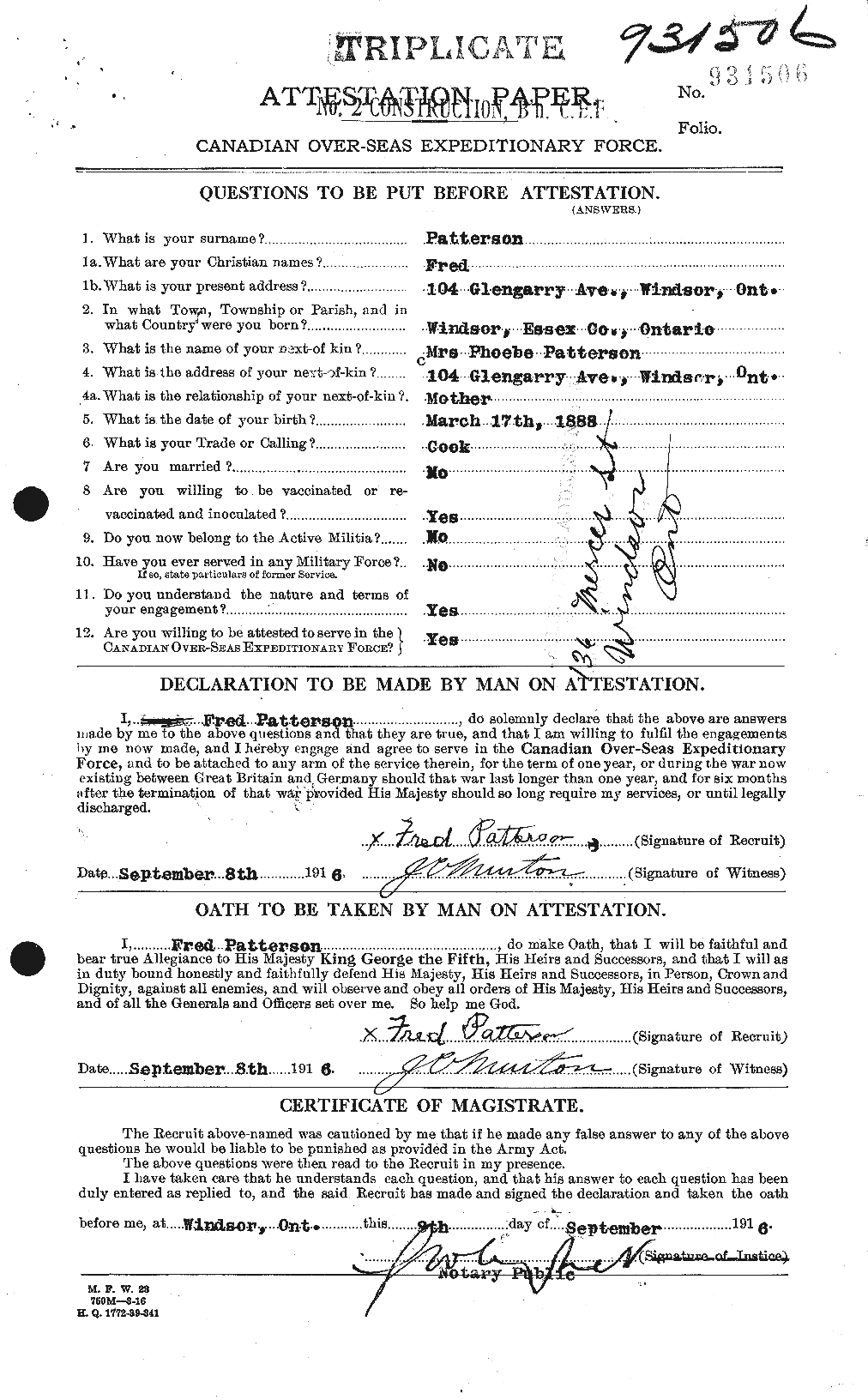 Dossiers du Personnel de la Première Guerre mondiale - CEC 568385a