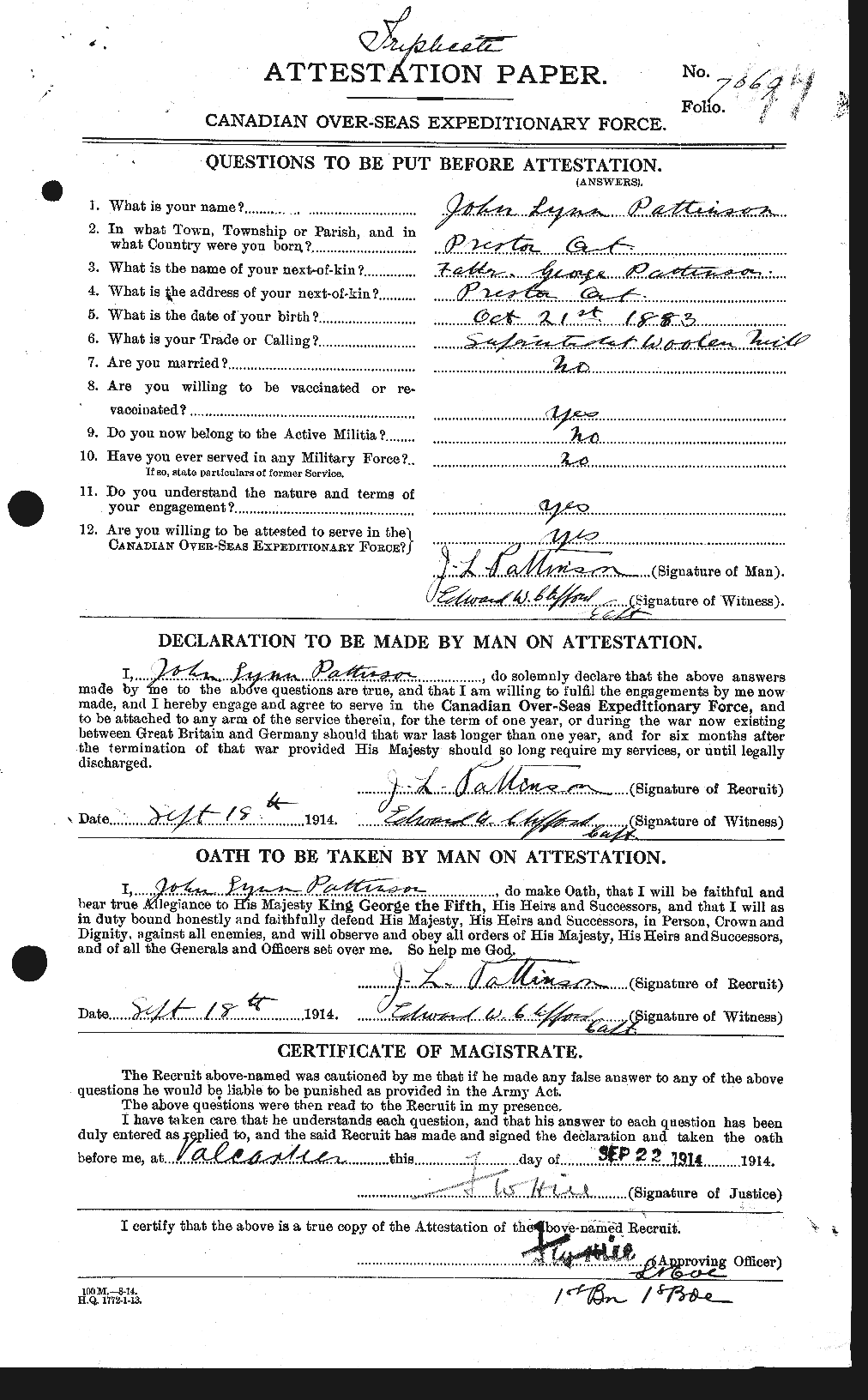 Dossiers du Personnel de la Première Guerre mondiale - CEC 568906a