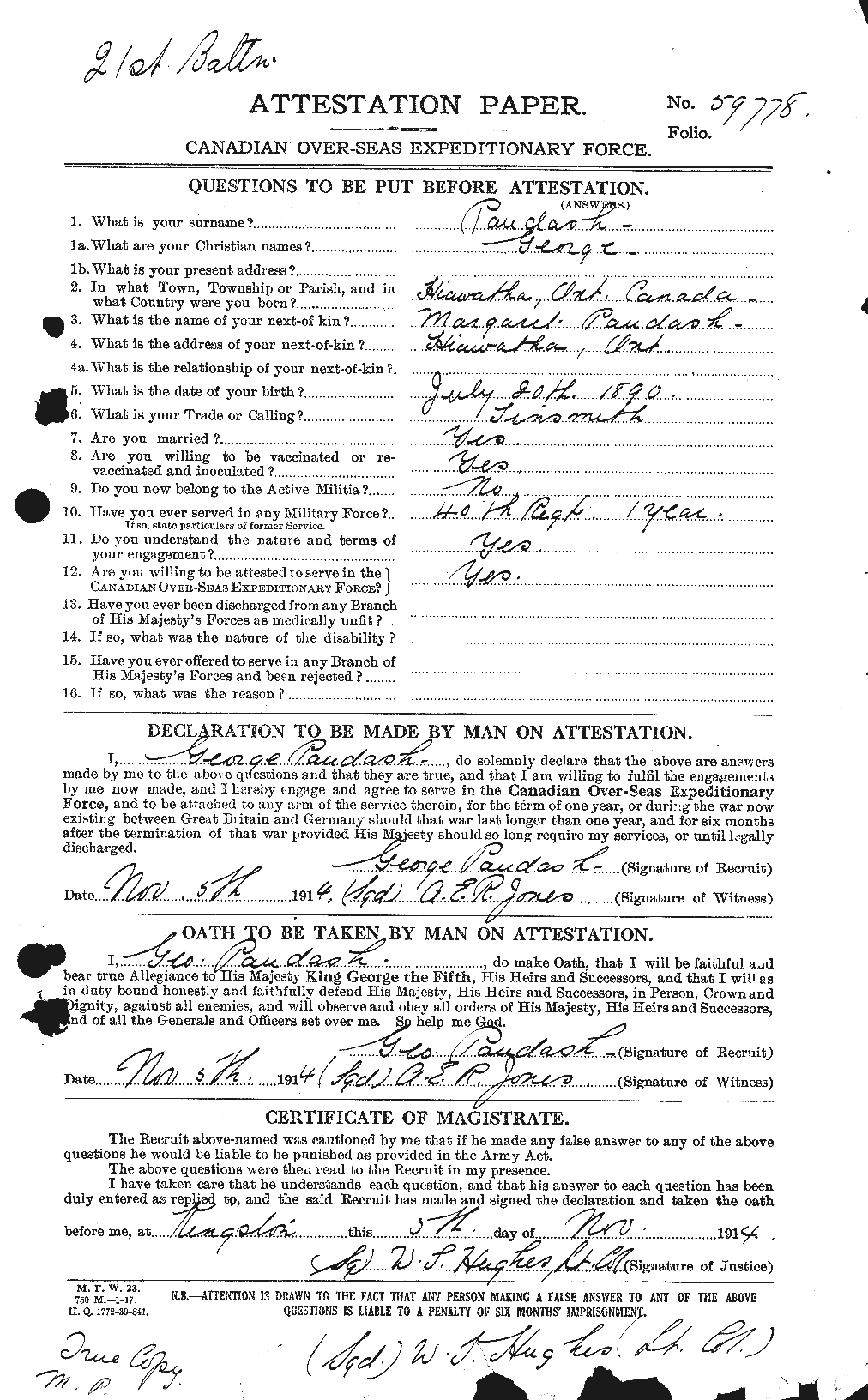 Dossiers du Personnel de la Première Guerre mondiale - CEC 569120a