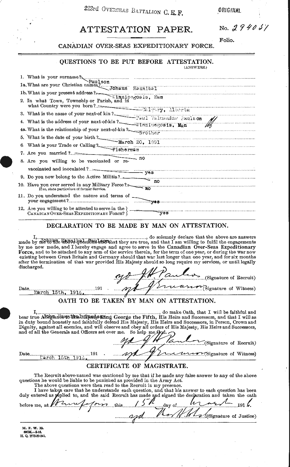Dossiers du Personnel de la Première Guerre mondiale - CEC 569524a