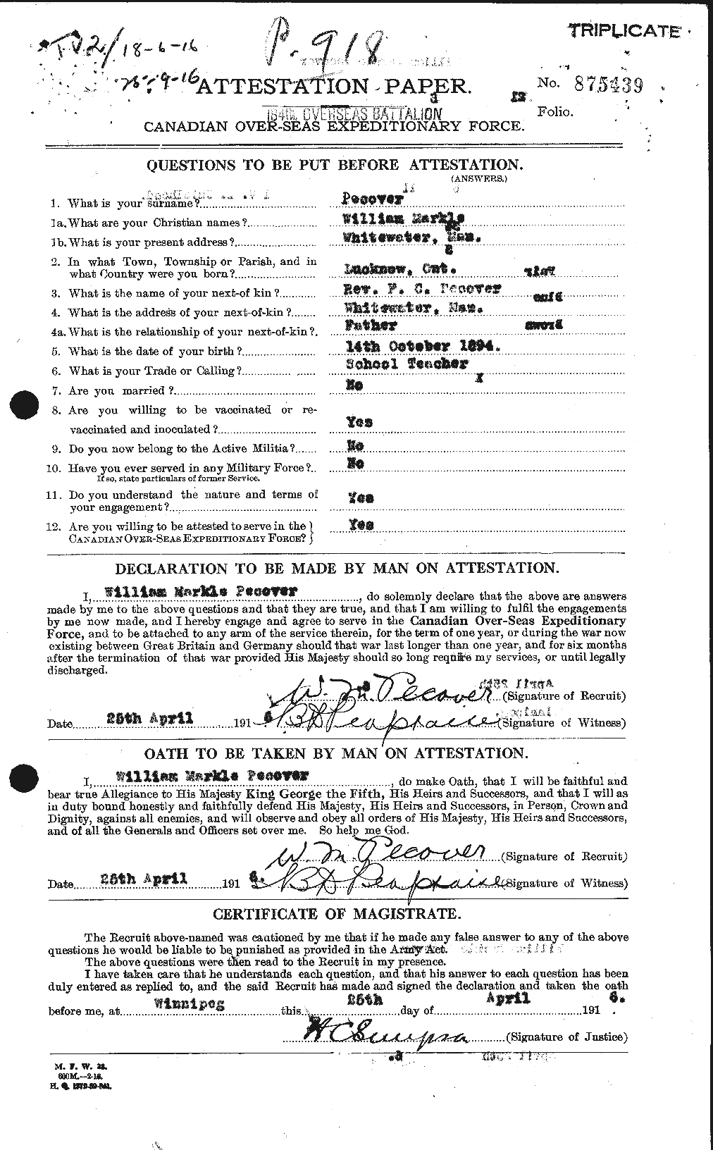 Dossiers du Personnel de la Première Guerre mondiale - CEC 571211a