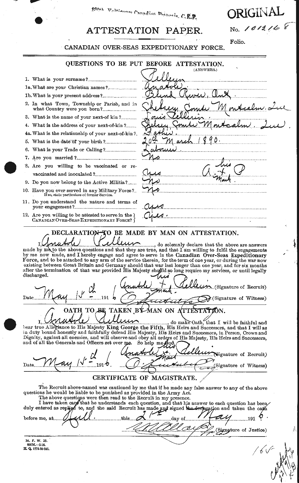 Dossiers du Personnel de la Première Guerre mondiale - CEC 572232a