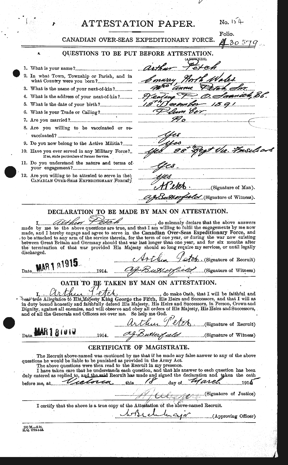 Dossiers du Personnel de la Première Guerre mondiale - CEC 575250a