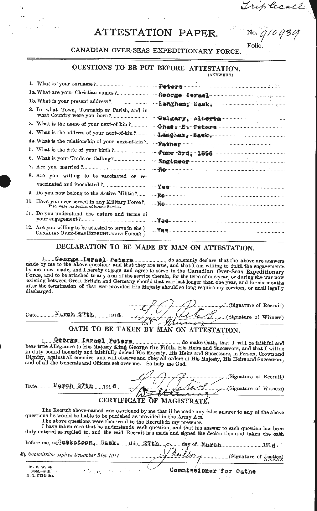 Dossiers du Personnel de la Première Guerre mondiale - CEC 575460a