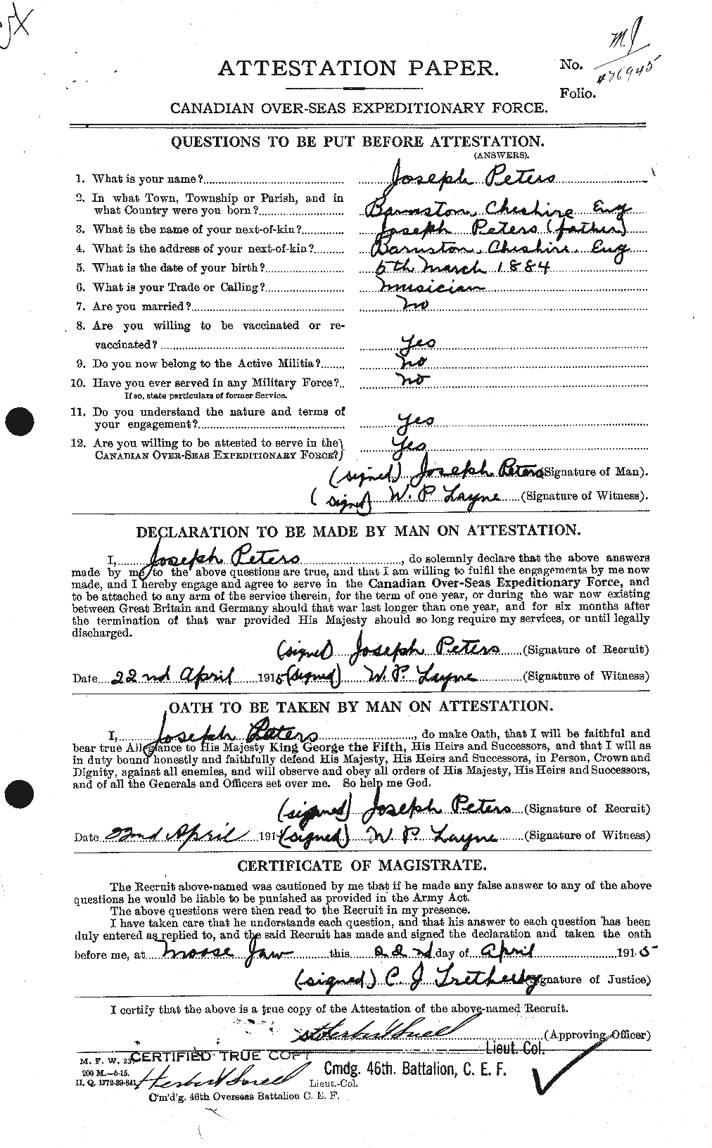 Dossiers du Personnel de la Première Guerre mondiale - CEC 575554a