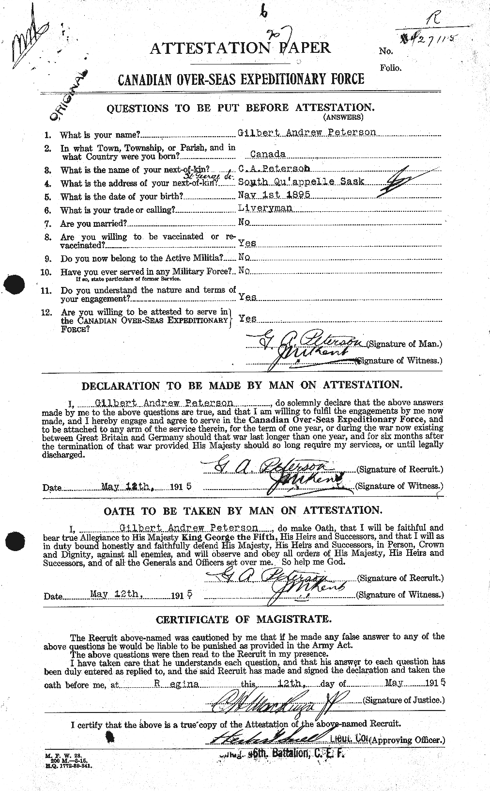 Dossiers du Personnel de la Première Guerre mondiale - CEC 575897a